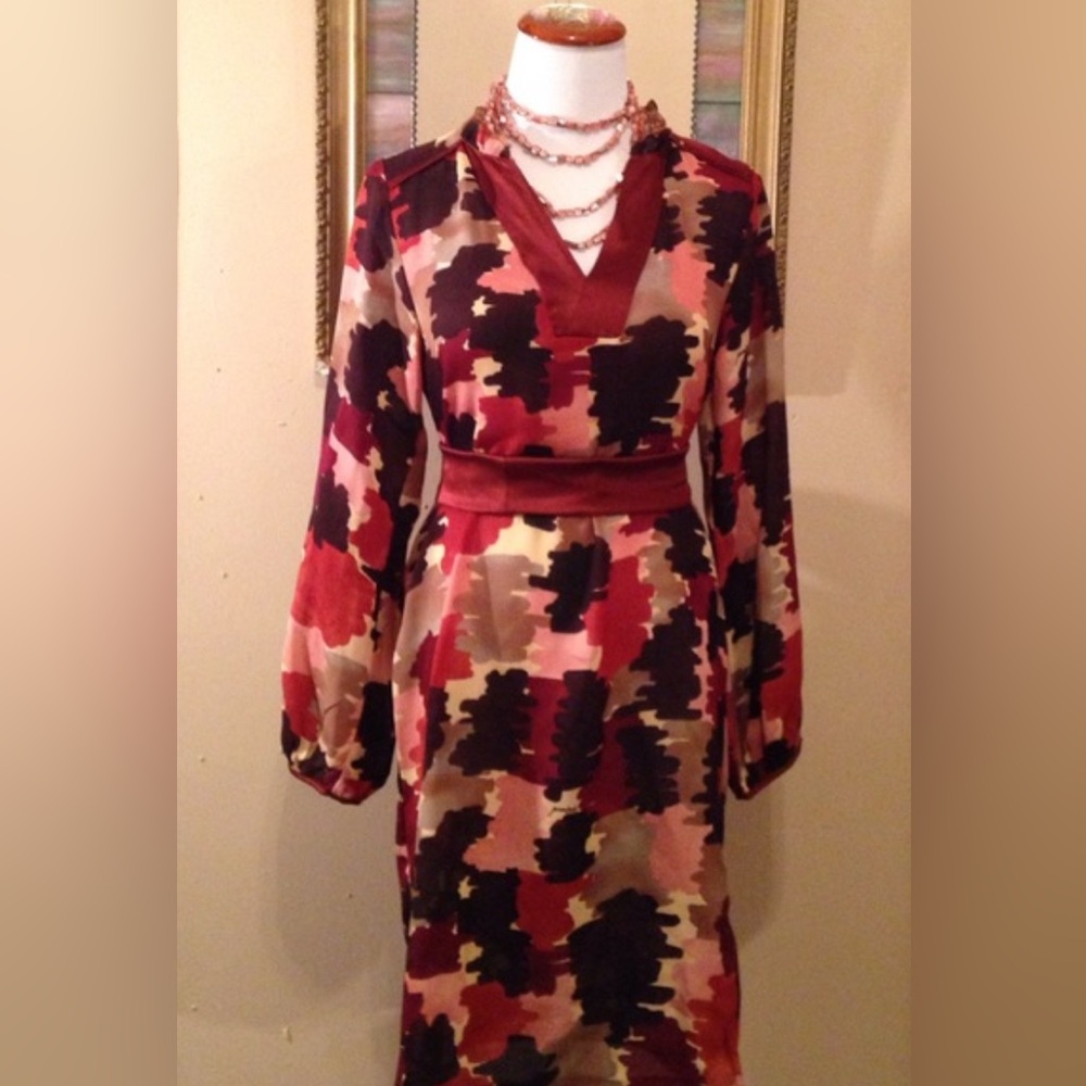 NWOT Prairie New York Long Sleeve 100% Silk Burgundy Patterned Belted Maxi Dress